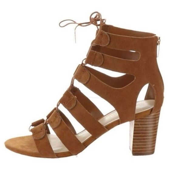 Marc Fisher Suede Lace-up Block Heel Sandals: Paradox Cognac Size 7.5 - Picture 8 of 8